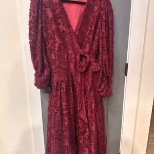 Hutch Deep Red Textured Long Sleeve Dress